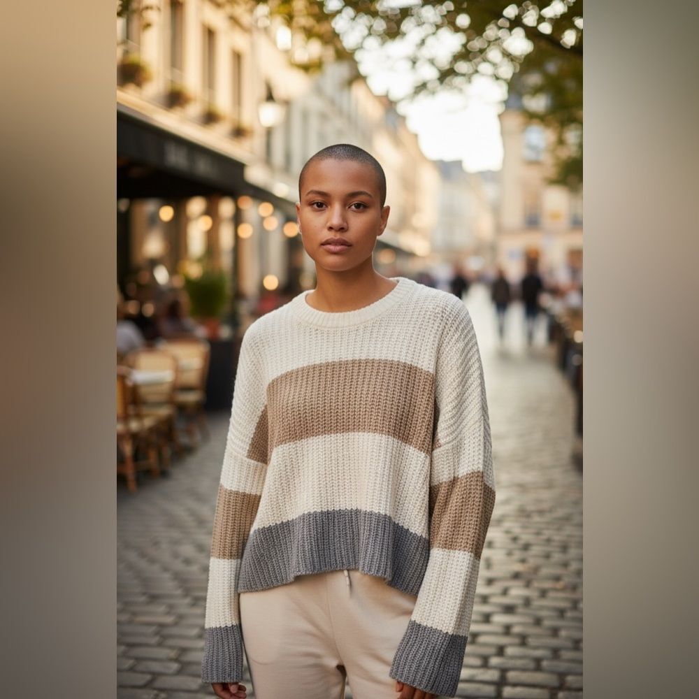 Moon & Madison Striped Sweater (Tan/Grey/White) large